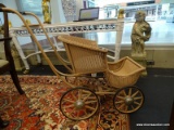 VINTAGE MAUVE WICKER PRAM; MADE BY F.A. WHITNEY COMPANY, THIS PIECE IS LIKELY AN ANTIQUE BABY BUGGY