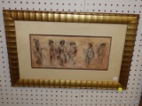 (DIS) FRAMED PRINT BY ARTIST EDNA HIBEL; IMAGE IS OF 6 LADIES DANCING, NESTLED IN A FLUTED GOLD