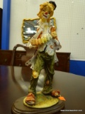 COLLECTIBLE CLOWN FIGURINE BY INTERPUR; VINTAGE LOOK HOBO CLOWN PLAYING AN ACCORDION, MOUNTED ON AN
