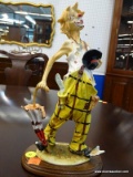 COLLECTIBLE CLOWN FIGURINE BY INTERPUR; VINTAGE LOOK HOBO CLOWN CLUTCHING A HAT AND A LONG UMBRELLA,