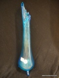 ART GLASS VASE; TALL AND SLENDER BLUE GLASS VASE WITH JAGGED MOLTEN LOOK TOP EDGE AND 3 SMALL PEG