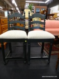 GREEN LADDER BACK BAR STOOLS; TOTAL OF 2 PIECES, FOREST GREEN IN COLOR WITH WHITE UPHOLSTERED SEATS