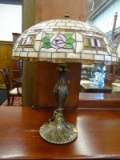 STAINED GLASS-LOOK LAMP WITH BRASS BASE; UMBRELLA SHAPED LAMPSHADE MADE OF HEAVY-DUTY THICK PLASTIC