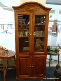 GLASS FRONT WOODEN CUPBOARD; BONNET TOP WITH CROWN MOLDING OVER DOUBLE GLASS FRONT DOORS. 2