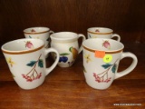 LONGABERGER COFFEE MUGS; WHITE MUGS WITH FLORAL PATTERN, SET OF 4 MATCHING AND AN ADDITIONAL FROM