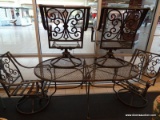 WROUGHT IRON PATIO SET; INCLUDES OVAL SHAPED TABLE AND 4 ARM CHAIRS ON A SWIVEL BASE. TABLE HAS A