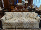 LANE FLORAL HICKORY TAVERN SOFA; FLAT AND SQUARE BACK WITH 3 SEAT CUSHIONS ACROSS. OFF WHITE FABRIC