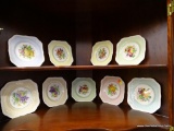 JOHNSON BROS IRONSTONE; SET OF 9 SMALL PLATES WITH CENTRAL FRUIT PATTERNS AND PASTEL COLORED