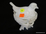 VINTAGE WESTMORELAND CANDY DISH; LIDDED MILK GLASS ROBIN IN NEST, PEDESTAL-STYLE CANDY DISH.