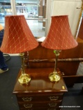 PAIR OF TALL SLENDER TABLE LAMPS; BURGUNDY AND TAN DIAMOND PATTERNED BELL SHAPED LAMP SHADES ATOP