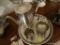 (DR) INTERNATIONAL PEWTER TEA SET- TRAY, CREAM AND SUGAR, TEAPOT, SPOON AND A CANDLE SNUFFER