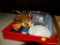 (DR) BOX WITH CONTENTS- FIGURINE, CORN HUSK DOLL, BETSY ROSS FLAG, PUZZLE GAMES, MINIATURE WOODEN