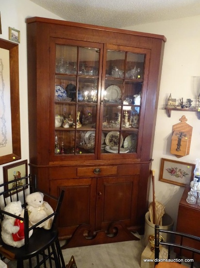 (DINING RM) 18TH/19TH CEN. CHERRY CORNER CABINET- 2 8 PANED DOORS WITH ORIGINAL WAVY GLASS- PEGGED