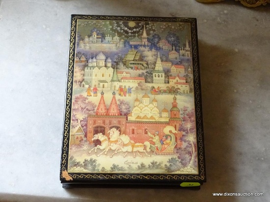 (LRM) RUSSIAN PAINTED BLACK LACQUER BOX ( SMALL FLAKE OFF LOWER CORNER) -5"W X 7"L