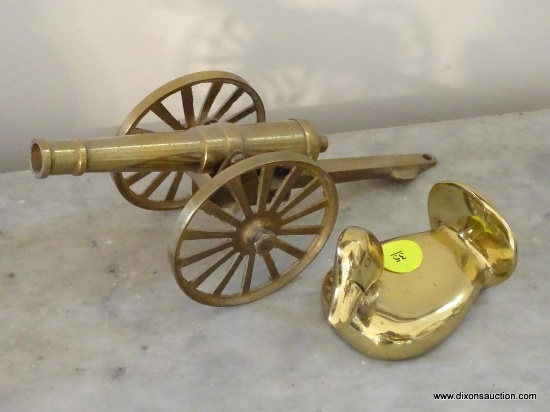 (LRM) 2 BRASS ITEMS- SMALL BRASS CANNON- 7"L X 4"H AND 4"L DUCK PAPERWEIGHT