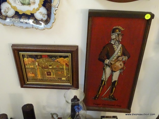 (ENTRANCE HALLWAY) 2 PICTURES- PAINTED ON WOOD OF CONTINENTAL ARMY CAVALRYMAN 9"W X 19"H AND NOAH'S