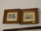 (LRM) 2 SMALL FRAMED ENGRAVINGS OF WILLIAMSBURG BUILDINGS- BRUTON PARISH CHURCH AND CAPITOL IN MAPLE