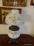 (LRM) BRASS AND PAINTED MILK GLASS VICTORIAN OIL LAMP CONVERTED TO ELECTRIC- MATCHING SHADE AND