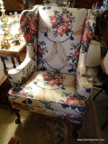 (LRM) CHERRY QUEEN ANNE WING CHAIR WITH FLORAL UPHOLSTERY- VERY GOOD CONDITION- 30