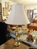 (LRM) BRASS LAMP WITH SILK SHADE AND RED GLASS FINIAL-33