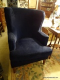 (LRM) MODERN MID CENTURY STYLE WING CHAIR IN BLUE VELVET UPHOLSTERY- EXCELLENT CONDITION- 29