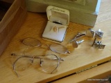 (LRM) LOT OF MISC.. GOLD AND SILVER -ANTIQUE GOLD RIMMED GLASSES, GOLD TIE PIN, STERLING CUFF LINKS