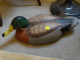 (LRM) HAND CARVED AND PAINTED WOODEN MALLARD DRAKE DECOY- SIGNED CHARLOTTE SPENCER-15.5