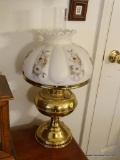 (LRM) ANTIQUE BRASS RAYO OIL LAMP CONVERTED TO ELECTRIC WITH PAINTED SHADE- HIGHLY POLISHED- 22