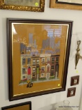 (LRM) 2 FRAMED PICTURES- CREWEL STITCH WORK OF STREET SCENE IN CHERRY FRAME- 18.5