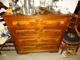 (DR) ANTIQUE WALNUT VICTORIAN 4 DRAWER CHEST- REFINISHED- BURL PANELED DRAWERS WITH ORIGINAL BRASS