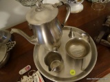 (DR) INTERNATIONAL PEWTER TEA SET- TRAY, CREAM AND SUGAR, TEAPOT, SPOON AND A CANDLE SNUFFER