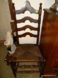 (DR) VINTAGE WALNUT LADDER-BACK CHAIR WITH FLORAL PAINTING ON CREST WITH RUSH BOTTOM SEAT- 19