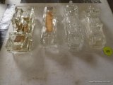 (DR) 4 ANTIQUE GLASS CANDY CONTAINERS- 2 FIRE TRUCKS, CAR AND WILLY'S JEEP- 2 WITH ORIGINAL PAPER