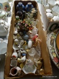 (DR)TRAY LOT OF MINIATURES- SLAT AND PEPPER SHAKERS, DUCK FIGURINES, SATSUMA VASES, ETC.