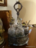 (DR) ANTIQUE VICTORIAN SILVER-PLATE CONDIMENT SET- ALL MATCHING BOTTLES, HEAVILY FILIGREED BASE- 7