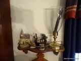 (DR) CHERRY AND BRASS GALLERY SHELF WITH CONTENTS- SHELF- 16