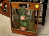 (DR) ANTIQUE WOODEN PEPSI 6 PACK CARRIER- INCLUDES AMBER COCOA COLA BOTTLE, GREEN COCOA COLA BOTTLE,