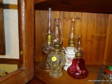 (DR) IN CORNER CAB)- 4 VINTAGE MINIATURE OIL LAMPS- TURKEY FOOT PATTERN, EYE WINK PATTERN, CRANBERRY