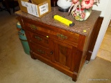 (HALL) ANTIQUE VICTORIAN WALNUT MARBLE TOP WASHSTAND- BROWN TENNESSEE MARBLE- BURL PANELED DRAWERS
