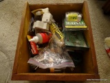 (HALL) CONTENTS OF 2 DRAWERS OF WASHSTAND- TOOLS, NAILS, NEW BOX OF PICTURE HANGERS, 2 LEVELS STUD