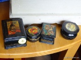 (LRM) 4 MINIATURE RUSSIAN BLACK LACQUER AND PAINTED BOXES