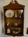 (HALL) 2 HANGING SHELVES WITH CONTENTS- MINIATURE WALNUT CORNER SHELF WITH 2 PORCELAIN DUCKS- 6