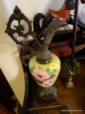 (HALL) ANTIQUE HAND PAINTED EWER- METAL HANDLE WITH EAGLE HEAD, MAN'S FACE ON SPOUT AND METAL BASE
