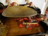 (HALL) ANTIQUE FAIRBANKS COUNTRY STORE COUNTER SCALES-ORIGINAL RED PAINT, BRASS TRAY AND 3