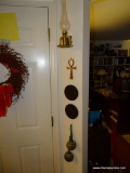 (HALL) 6 ITEMS HANGING BY DOOR AND THE DOOR WREATH- BRASS HANGING OIL LAMP WITH CHIMNEY-13