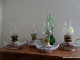 (HALF BATH) 5 MINIATURE OIL LAMPS- 1 GREEN WITH CHIMNEY-8