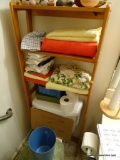 (HALF BATH) PINE 3 SHELF OVER THE TOILET SHELF AND ALL THE TOWELS- 22