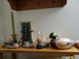 (HALF BATH) CONTENTS ON TOP OF SHELF- PORCELAIN DUCKS (4), 2 WOODEN CARVED GEESE, AMBER