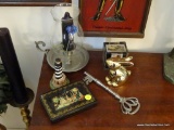 (ENTRANCE HALLWAY) CONTENTS ON TOP OF CHEST-RUSSIAN BLACK LACQUERED TRINKET BOX, SHIRLEY PEWTER KEY,