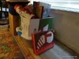 (LRM) BOX LOT OF CHRISTMAS GIFT BOXES AND BAGS AND PLASTIC TUB OF DECORATIONS